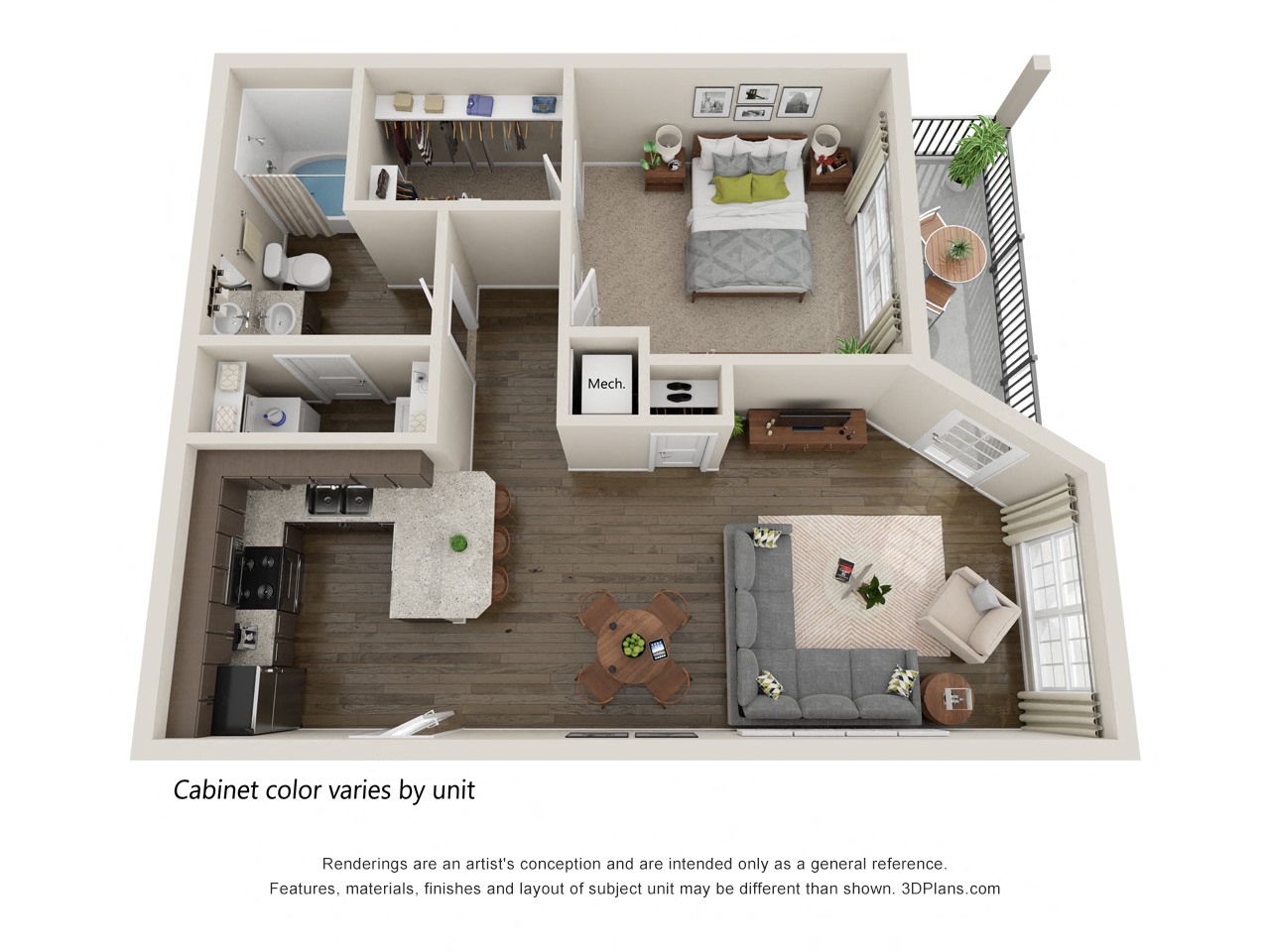 Floor plan for 1 bed, 1 bath, 791 sqft